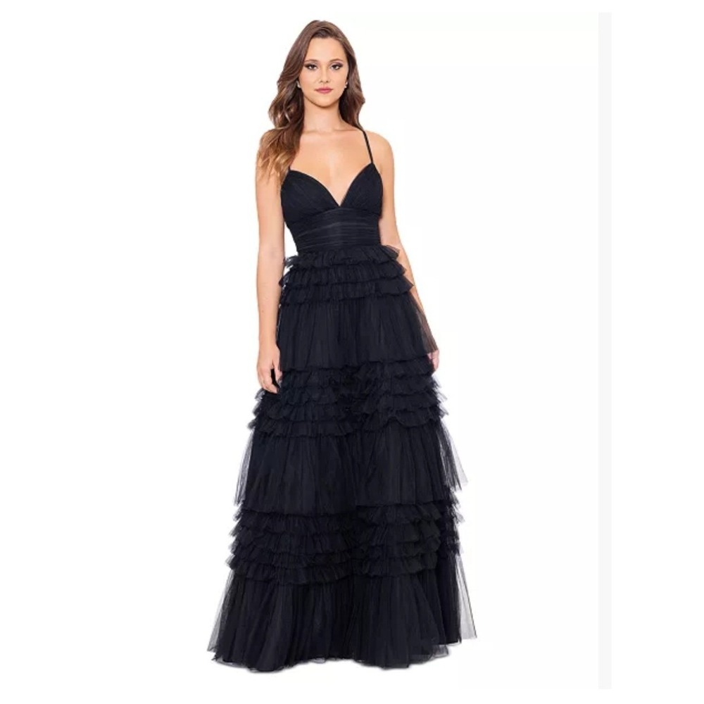 Betsy & Adam Womens V-Neck Sleeveless Tiered Ruffle Mesh Gown Black